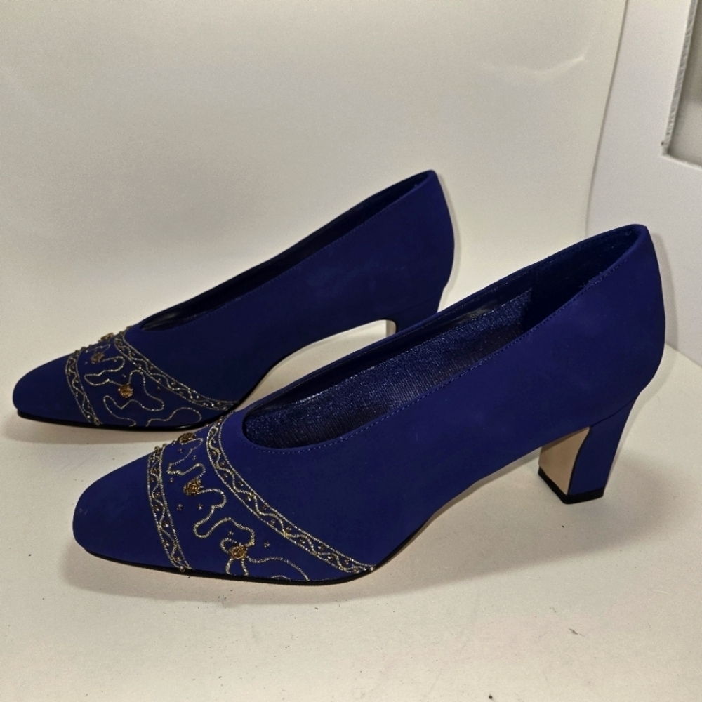 Amanda Vintage Women's Shoe Pump 8.5 Blue Suede Gold Trim Excellent Condition - Picture 4 of 6
